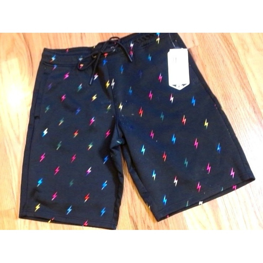 Drill Clothing Company-Lightening Bolt Shorts, Black/Multi Color Bolts, Small,BN